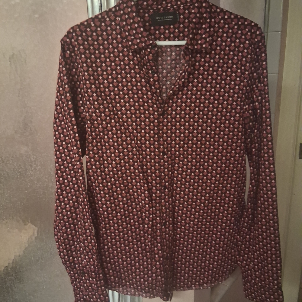 Scotch Soda Shirt Men's M Burgundy Geometric Long Sleeve Stretch